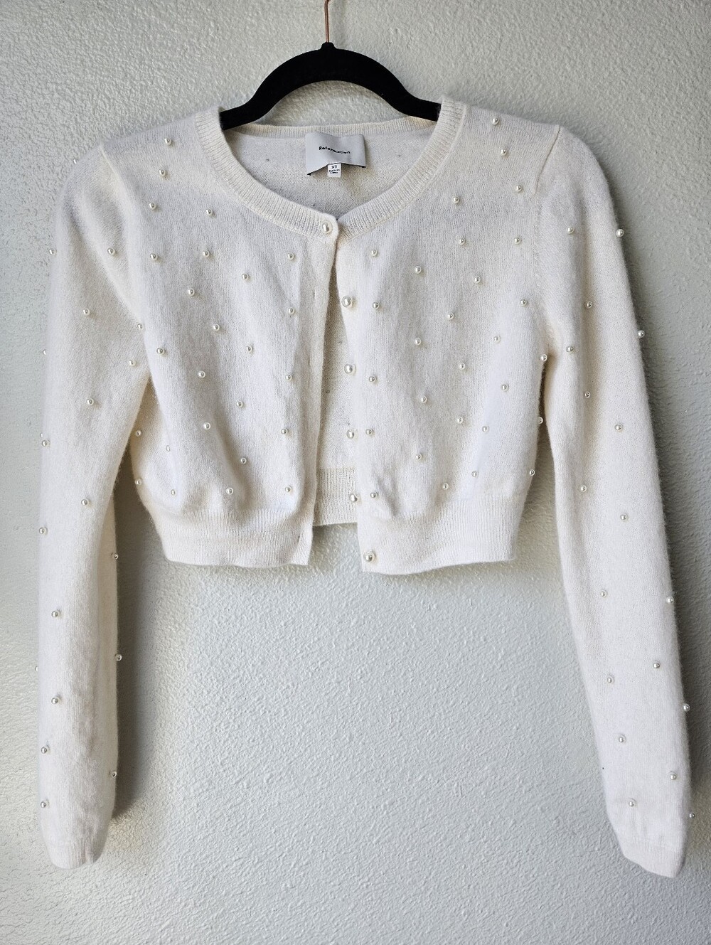 Reformation Janie Cashmere Crew Pearl Embellished Cardigan XSmall In Ivory Cream